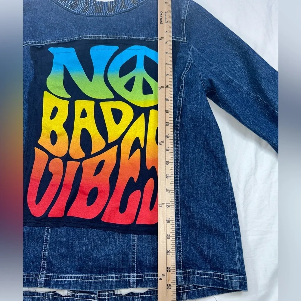 Quacker Factory Custom Denim Jacket No Bad Vibes Peace Rhinestone boho Sz M